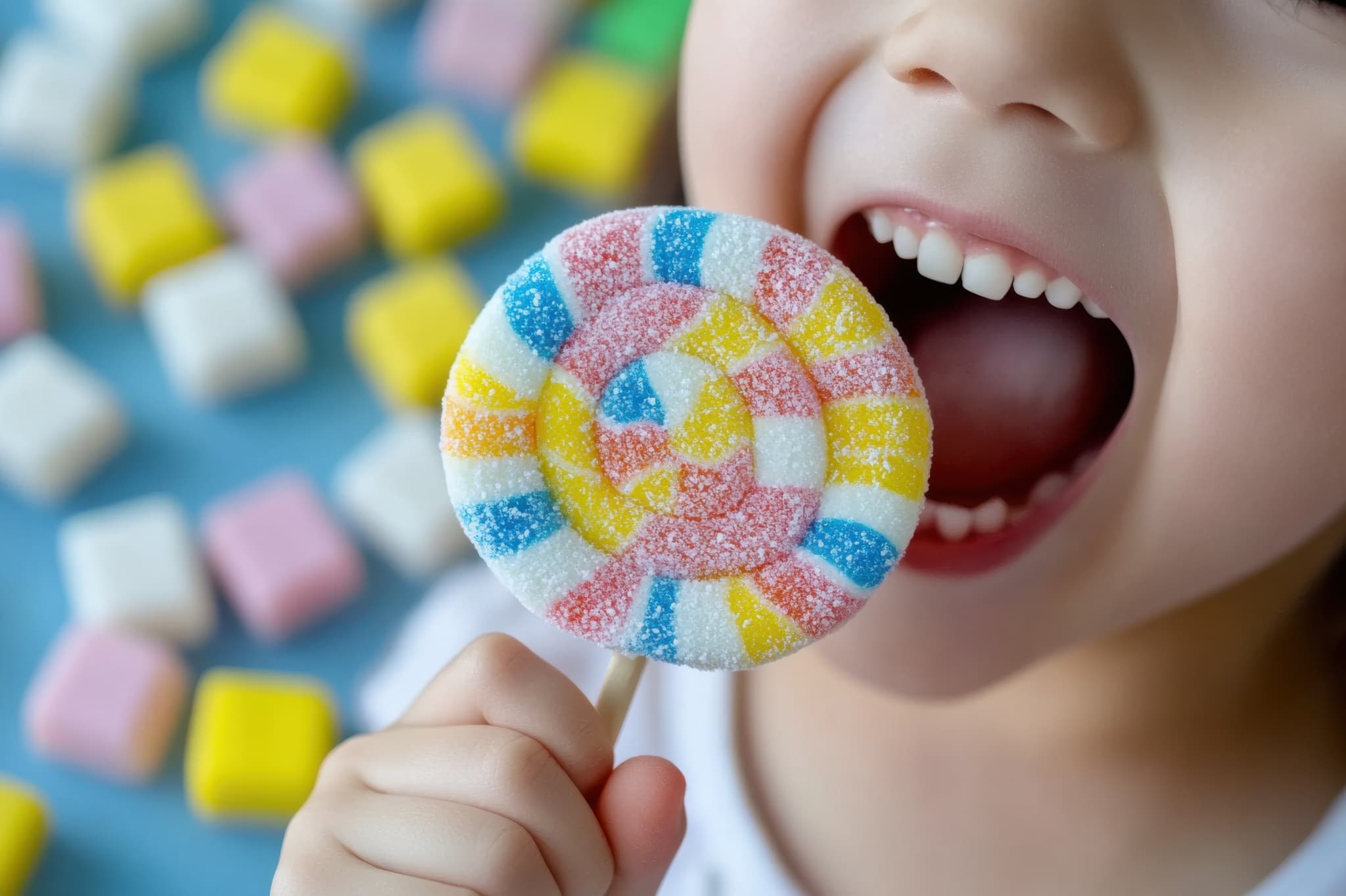 虫歯になりやすい甘いキャンディーを食べる子ども