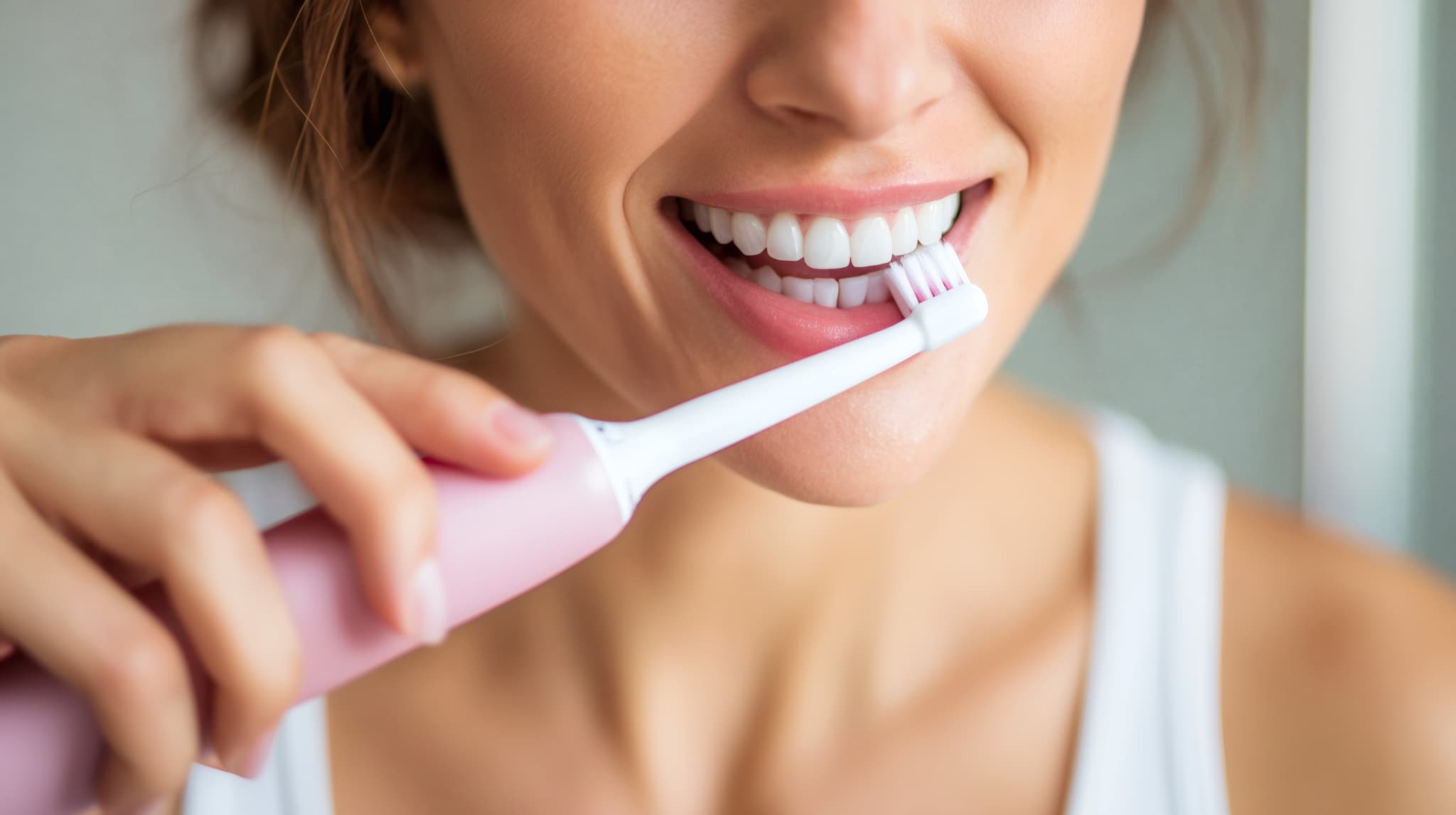 歯磨きをして歯の着色を防ぐ女性