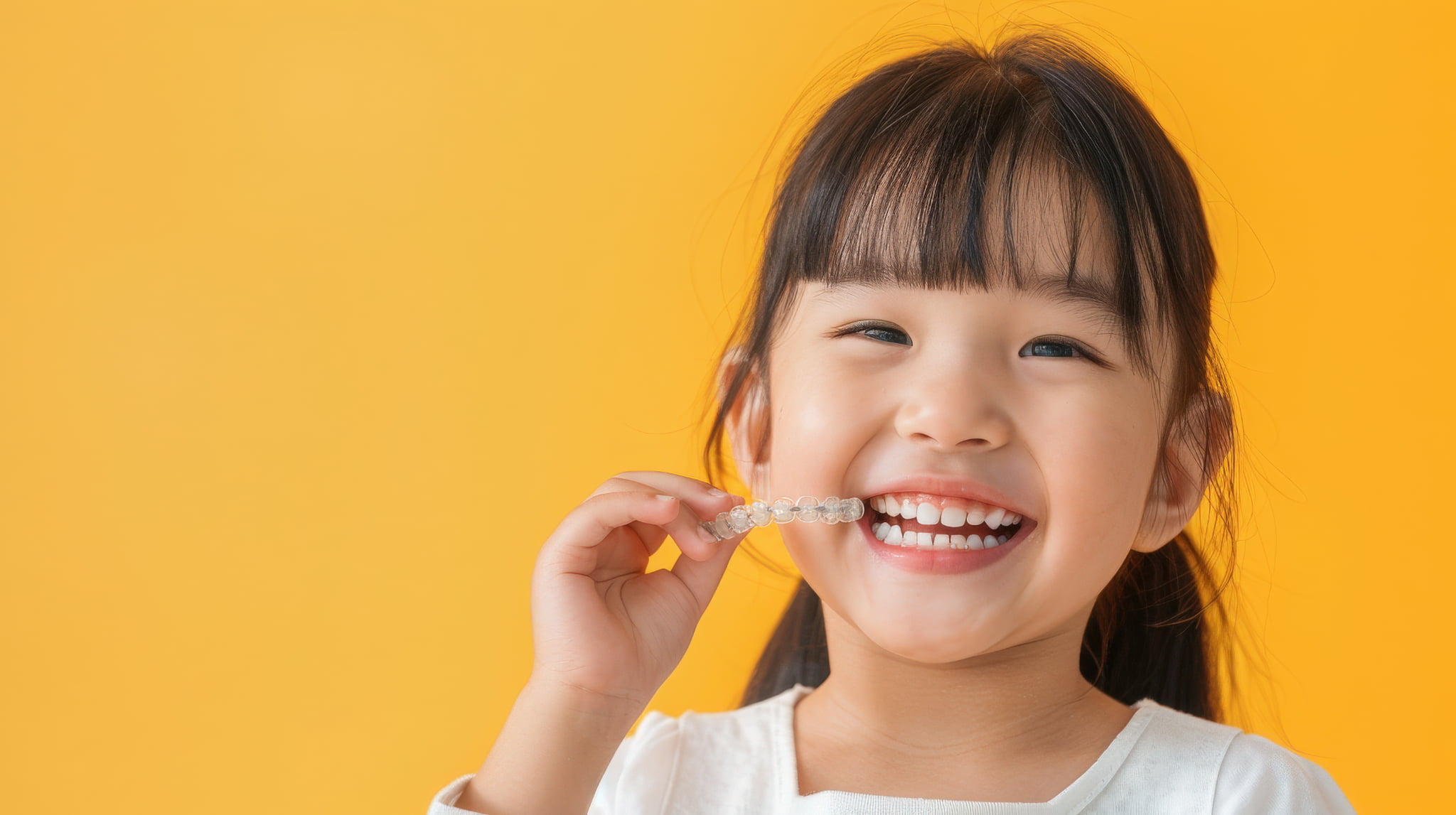 インビザラインのマウスピースを手に持った笑顔の子ども