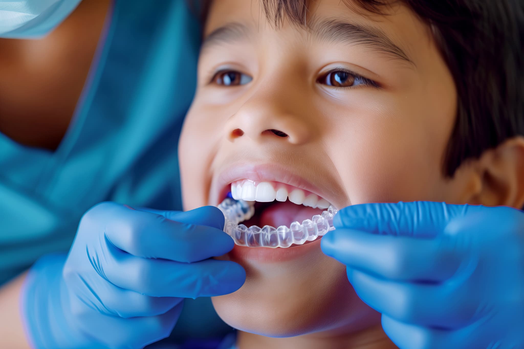 インビザライン・ファーストのマウスピースを歯科医に装着してもらう子ども