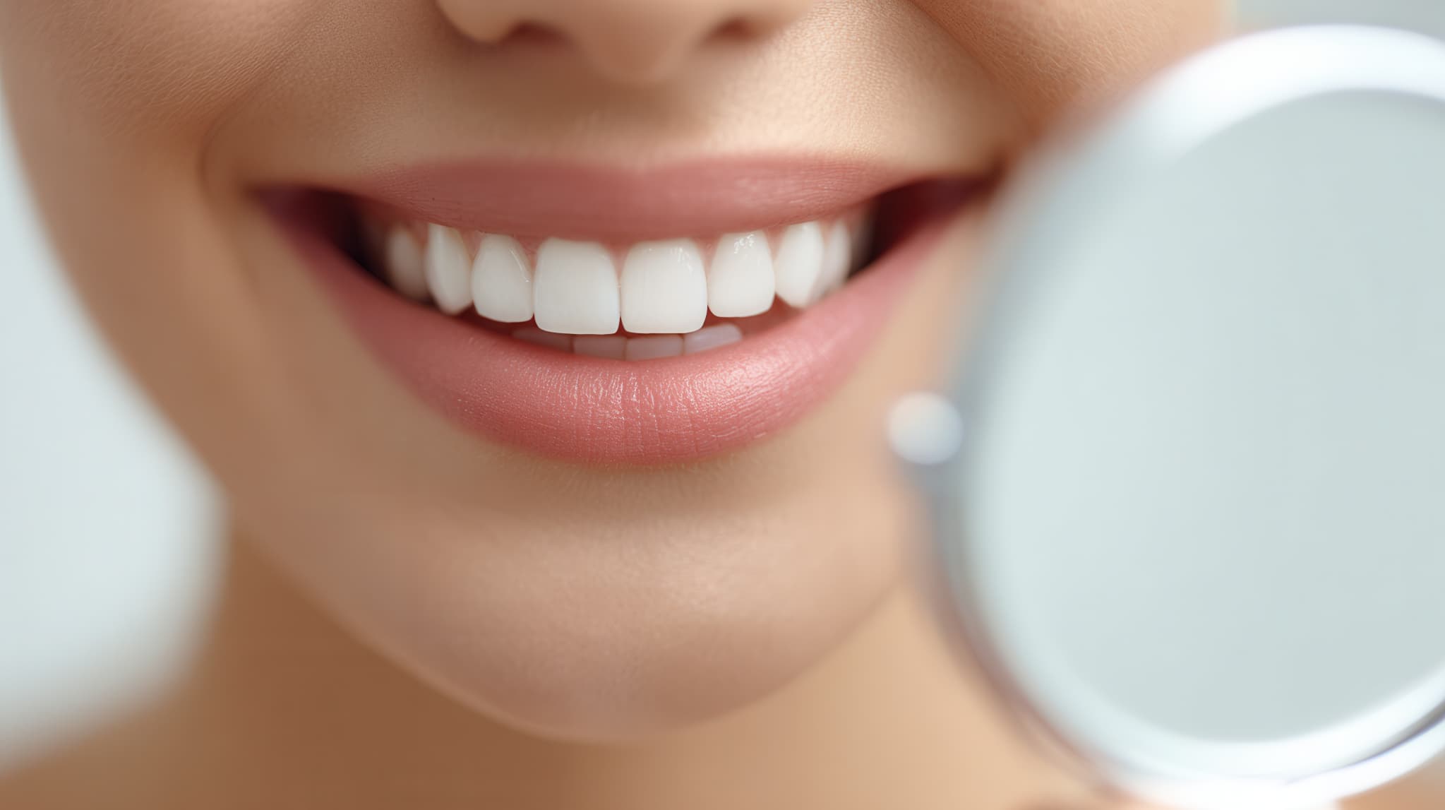 白く美しい歯を鏡で確認する女性