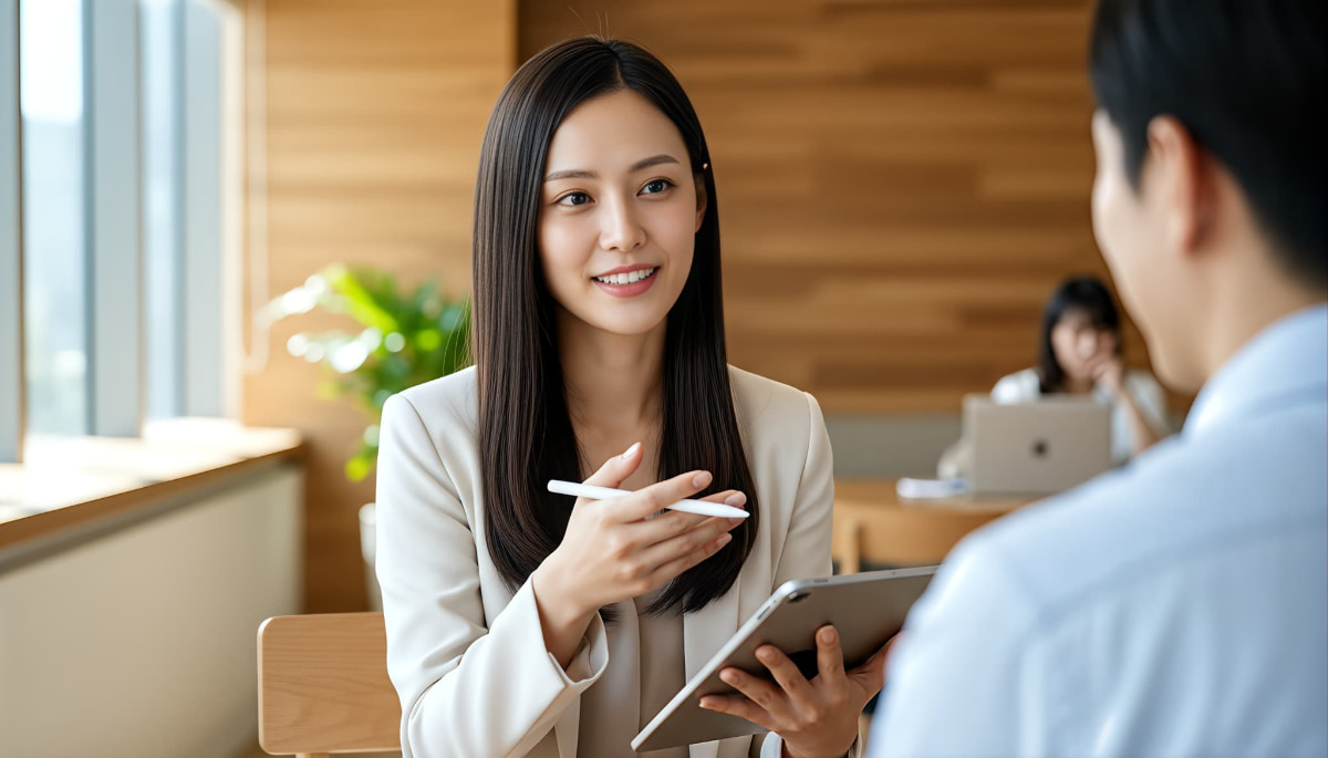 ラミネートべニアの美しい歯の女性が顧客と仕事をしているイメージ