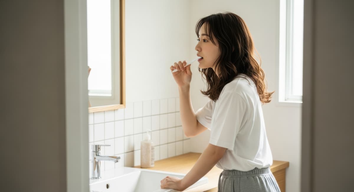 ホームホワイトニングの前に歯磨きをする女性