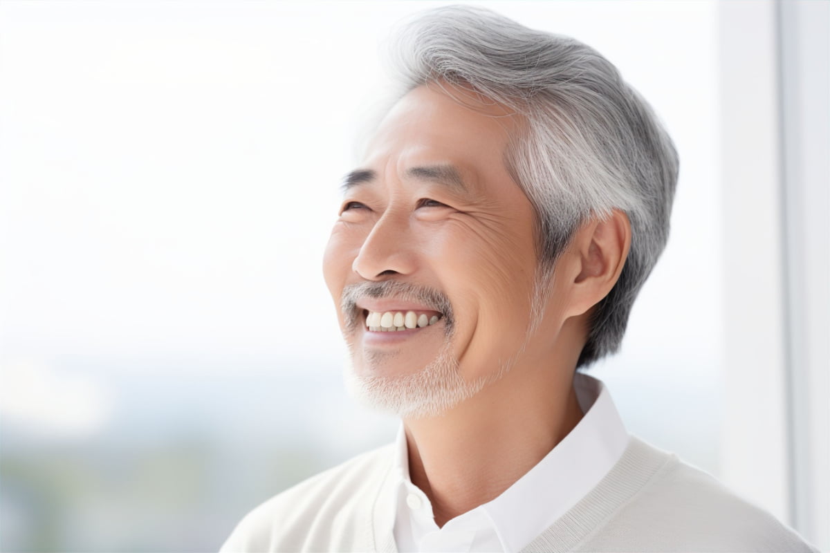 変色した差し歯が綺麗になり笑顔を見せる男性