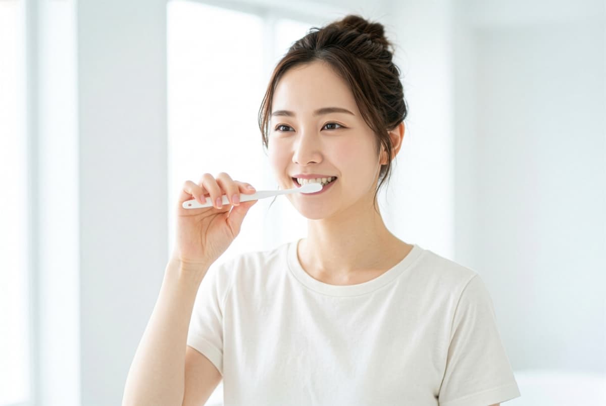 ブラッシング指導を受けて自宅で丁寧に歯磨きをする女性
